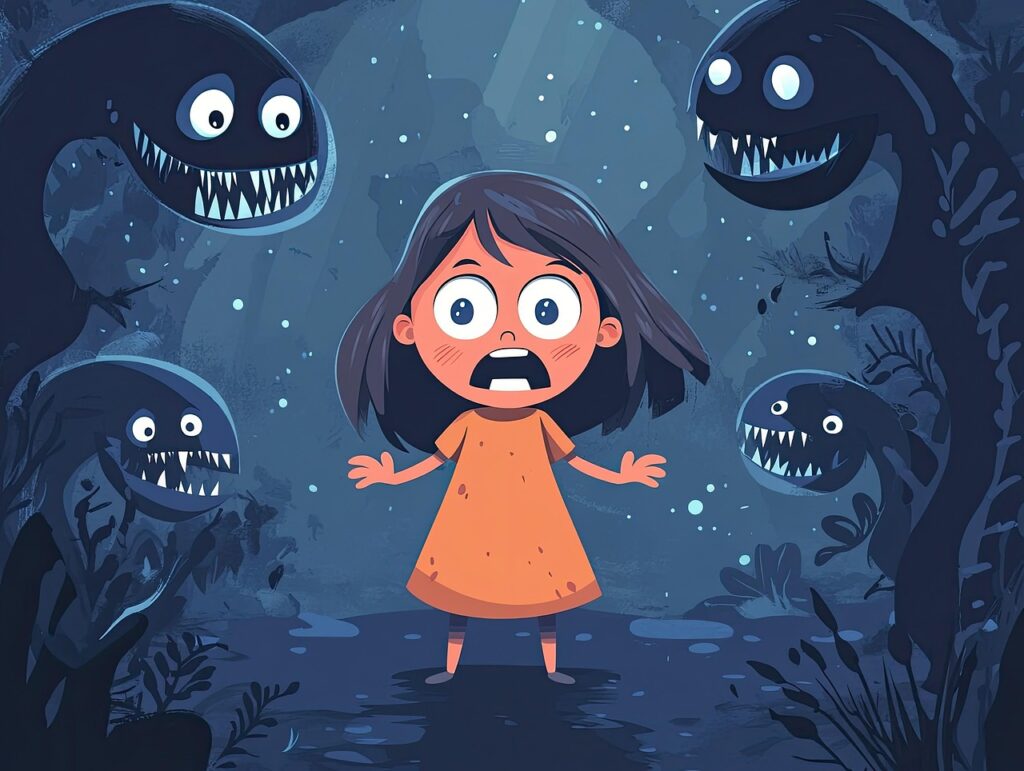 ai generated, scared girl, fear, fright, scared, child, stress, phobia, night, monster, little girl, anxiety, nightmare, panic, horror, psychological, darkness, emotion, terror, creepy, scary, imagination, fearful, haunted, childhood, cartoon