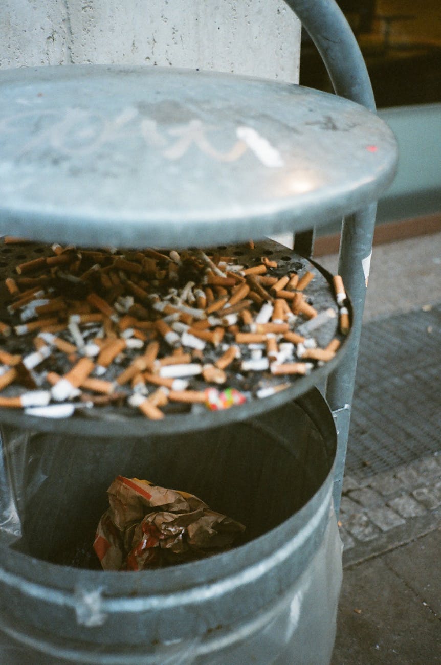 cigarette butts in trash bin